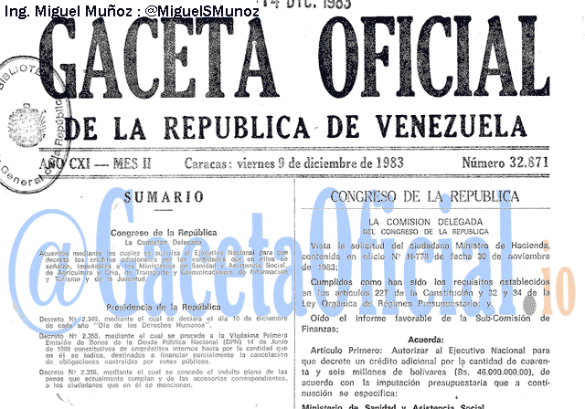 Gaceta Oficial 32871 del 9 Diciembre 1983