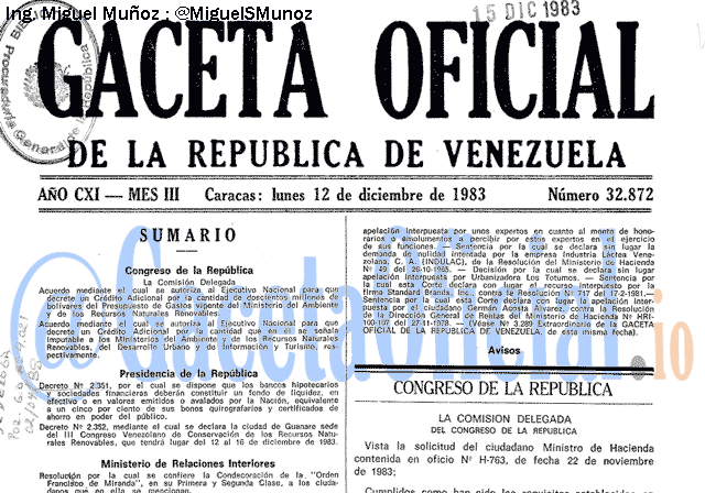 Gaceta Oficial 32872 del 12 Diciembre 1983
