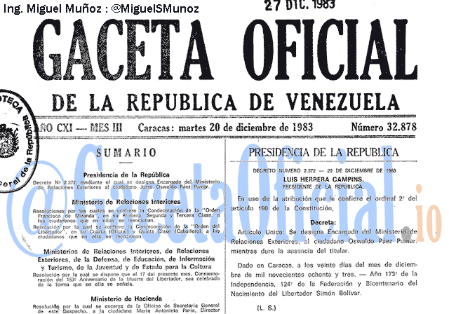 Gaceta Oficial 32878 del 20 Diciembre 1983