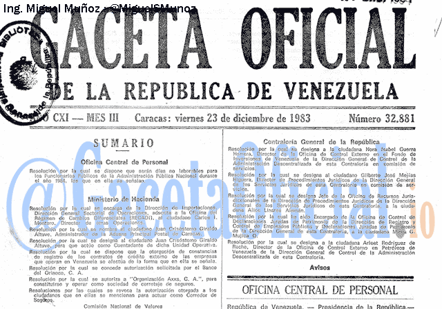 Gaceta Oficial 32881 del 23 Diciembre 1983