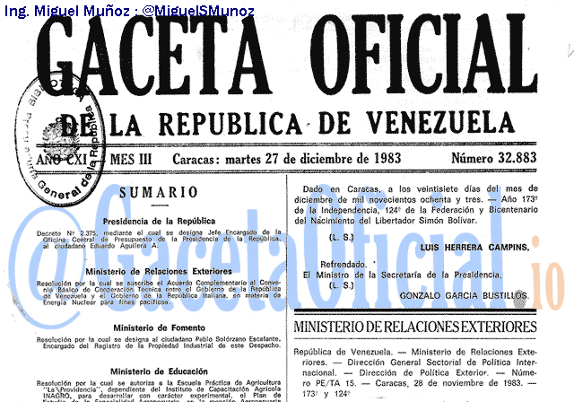 Gaceta Oficial 32883 del 27 Diciembre 1983
