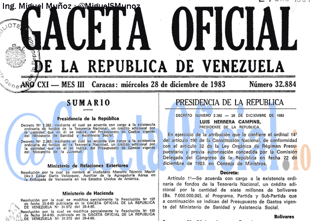 Gaceta Oficial 32884 del 28 Diciembre 1983