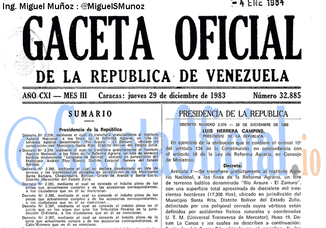 Gaceta Oficial 32885 del 29 Diciembre 1983