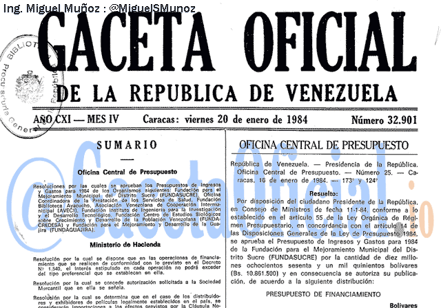 Gaceta Oficial 32901 del 20 Enero 1984