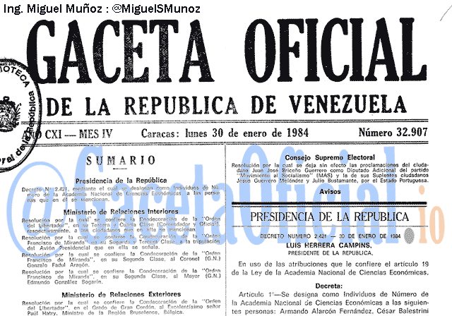 Gaceta Oficial 32907 del 30 Enero 1984