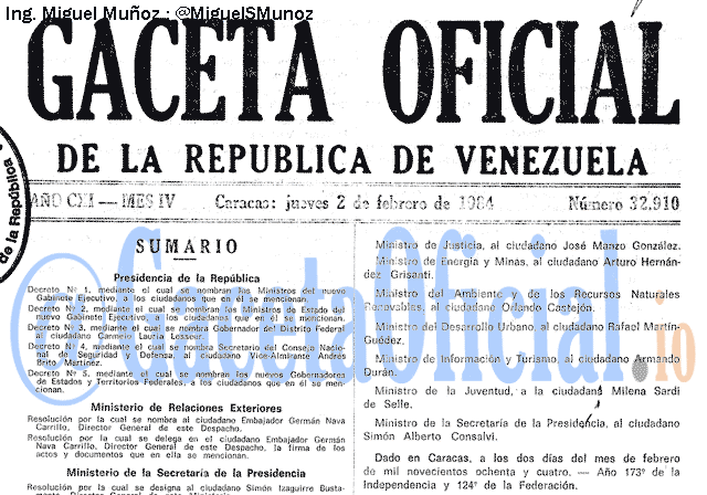 Gaceta Oficial 32910 del 2 Febrero 1984