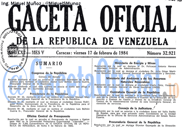 Gaceta Oficial 32921 del 17 Febrero 1984
