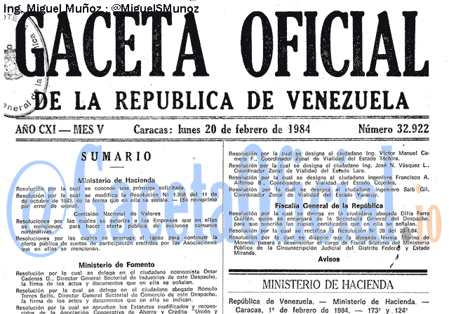 Gaceta Oficial 32922 del 20 Febrero 1984