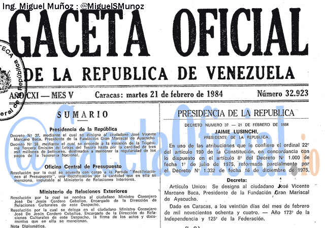 Gaceta Oficial 32923 del 21 Febrero 1984