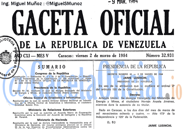 Gaceta Oficial 32931 del 2 Marzo 1984