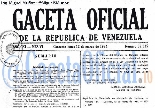 Gaceta Oficial 32935 del 12 Marzo 1984