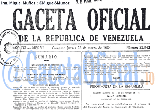 Gaceta Oficial 32943 del 22 Marzo 1984