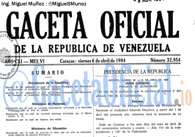 Gaceta Oficial 32954 del 6 Abril 1984