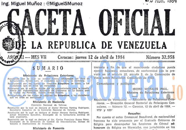 Gaceta Oficial 32958 del 12 Abril 1984
