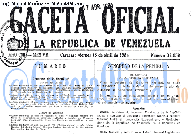 Gaceta Oficial 32959 del 13 Abril 1984