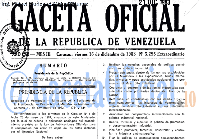 Gaceta Oficial 3295 del 16 Diciembre 1983
