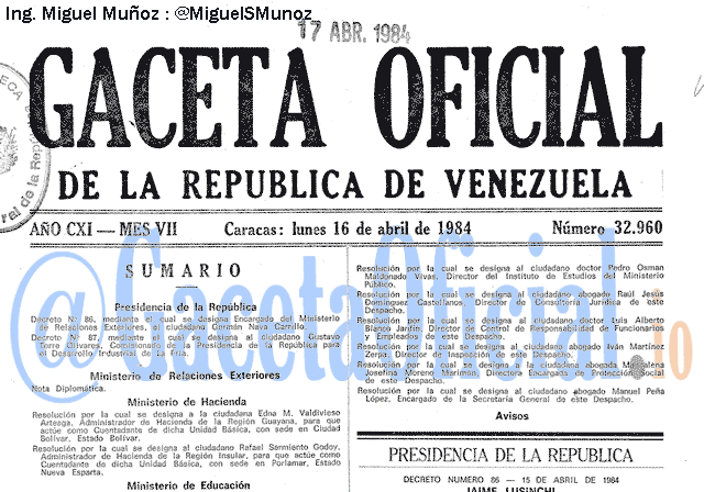 Gaceta Oficial 32960 del 16 Abril 1984