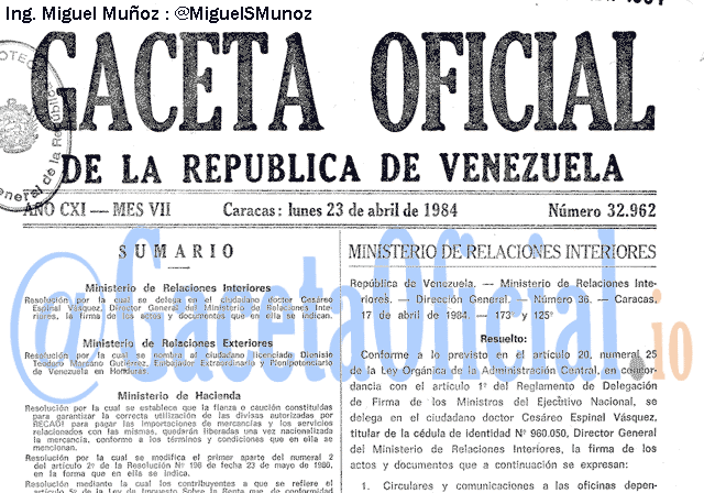 Gaceta Oficial 32962 del 23 Abril 1984