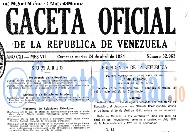 Gaceta Oficial 32963 del 24 Abril 1984