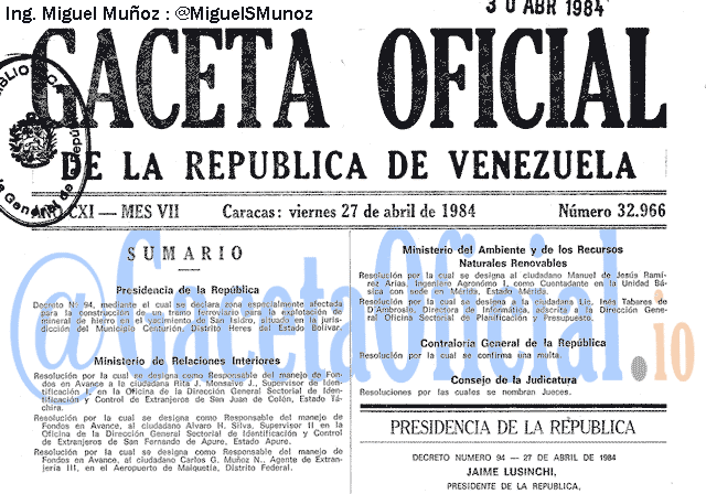 Gaceta Oficial 32966 del 27 Abril 1984