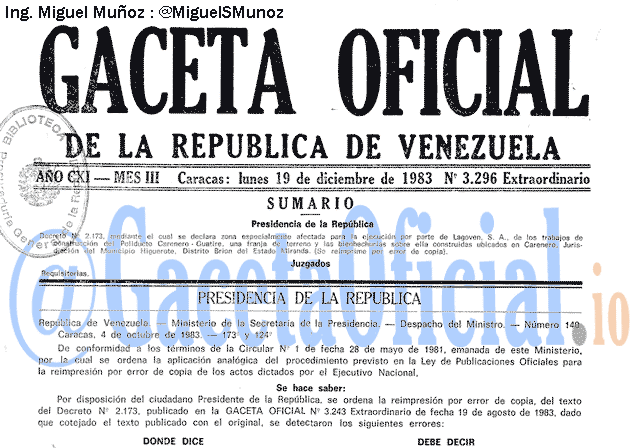 Gaceta Oficial 3296 del 19 Diciembre 1983
