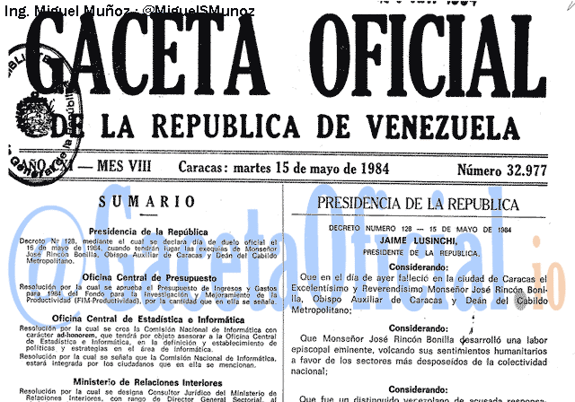 Gaceta Oficial 32977 del 15 Mayo 1984