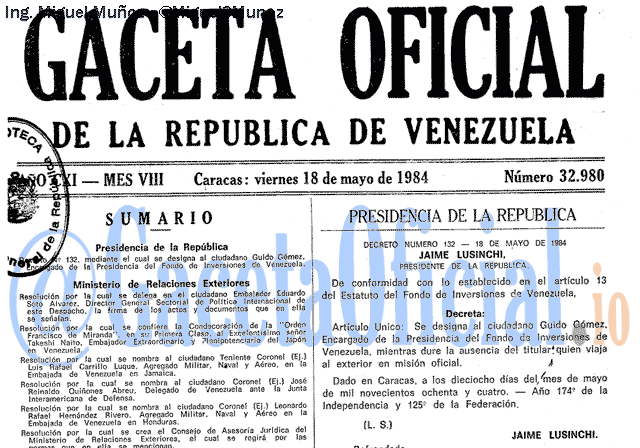 Gaceta Oficial 32980 del 18 Mayo 1984