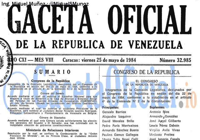 Gaceta Oficial 32985 del 25 Mayo 1984