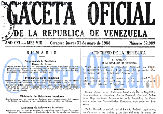 Gaceta Oficial 32989 del 31 Mayo 1984
