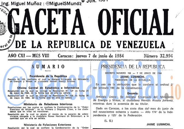 Gaceta Oficial 32994 del 7 Junio 1984