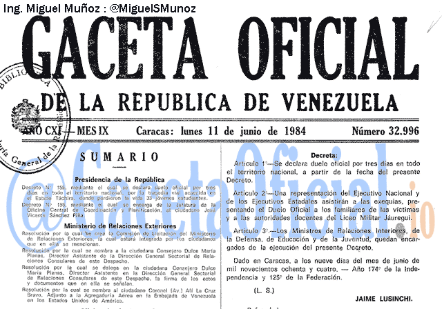 Gaceta Oficial 32996 del 11 Junio 1984
