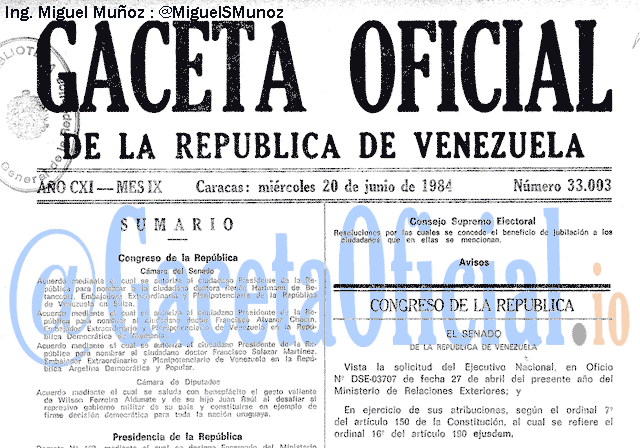 Gaceta Oficial 33003 del 20 Junio 1984