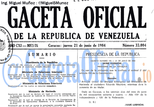 Gaceta Oficial 33004 del 21 Junio 1984