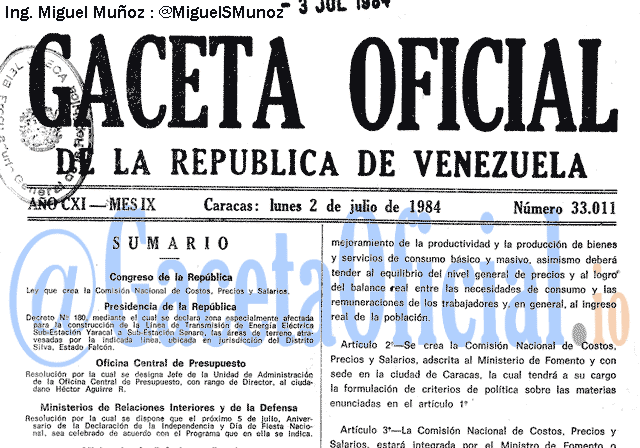 Gaceta Oficial 33011 del 2 Julio 1984