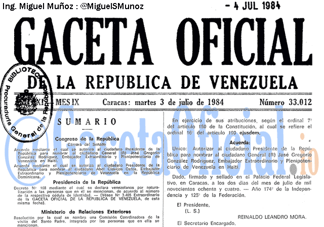 Gaceta Oficial 33012 del 3 Julio 1984