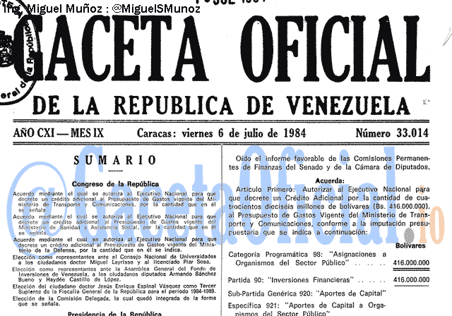 Gaceta Oficial 33014 del 6 Julio 1984