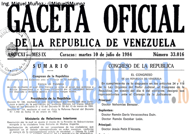 Gaceta Oficial 33016 del 10 Julio 1984