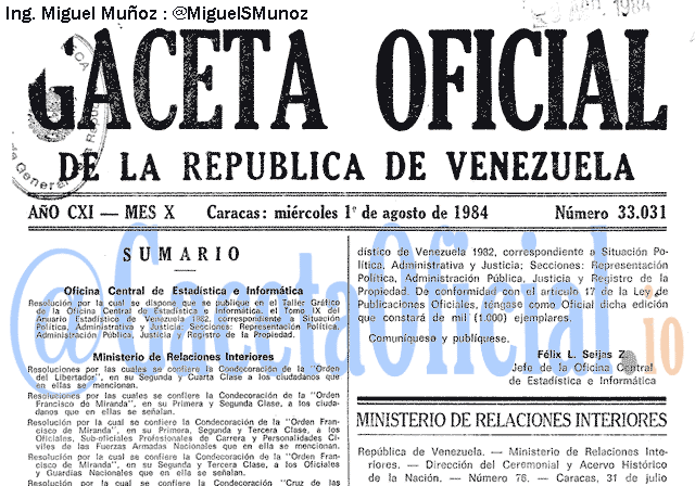 Gaceta Oficial 33031 del 1 Agosto 1984