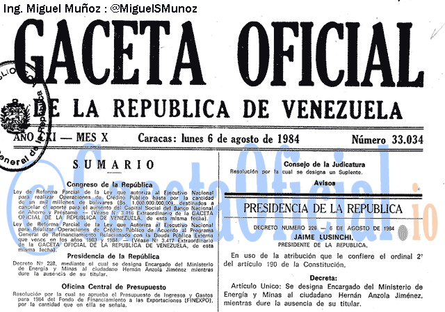 Gaceta Oficial 33034 del 6 Agosto 1984