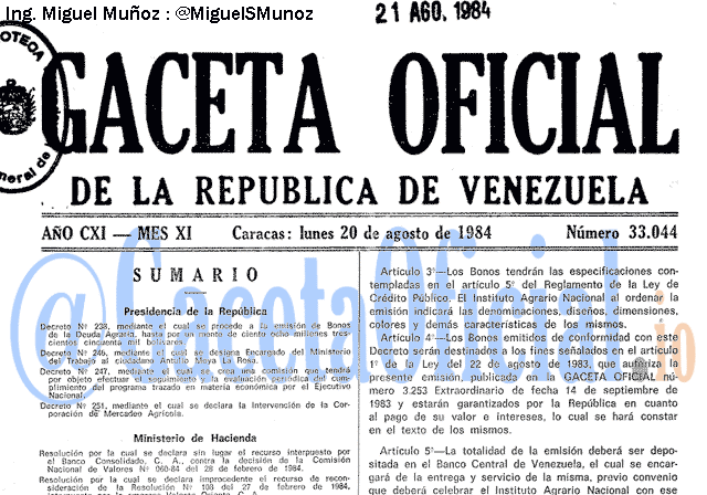 Gaceta Oficial 33044 del 20 Agosto 1984