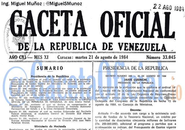 Gaceta Oficial 33045 del 21 Agosto 1984