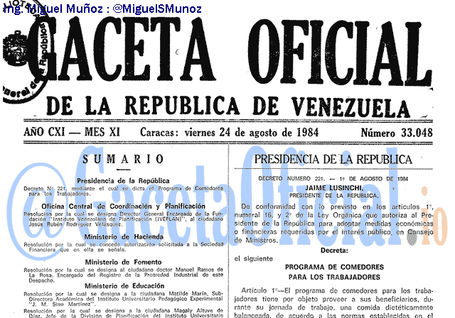 Gaceta Oficial 33048 del 24 Agosto 1984