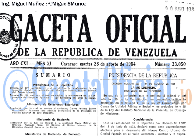 Gaceta Oficial 33050 del 28 Agosto 1984