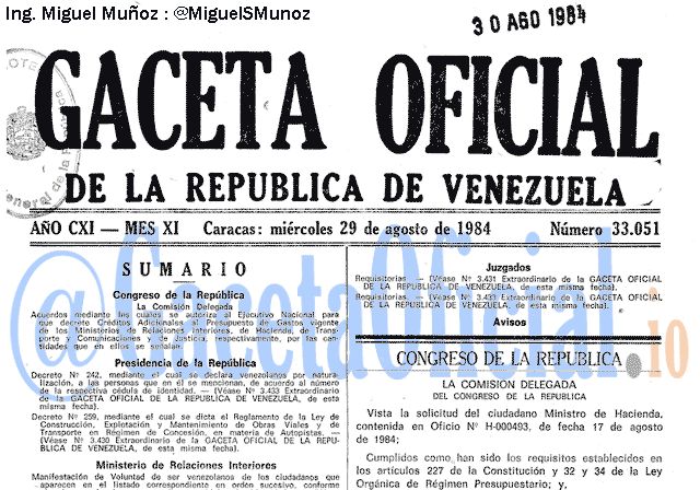 Gaceta Oficial 33051 del 29 Agosto 1984
