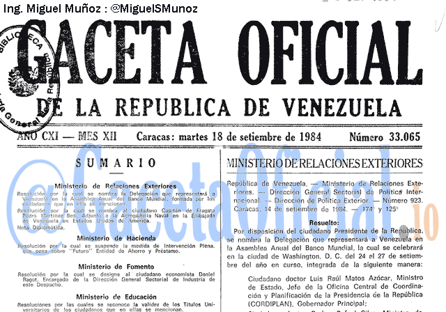 Gaceta Oficial 33065 del 18 Septiembre 1984