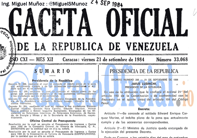 Gaceta Oficial 33068 del 21 Septiembre 1984