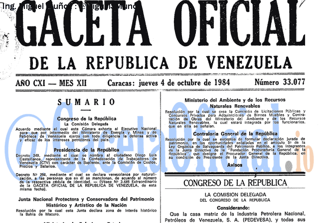 Gaceta Oficial 33077 del 4 Octubre 1984