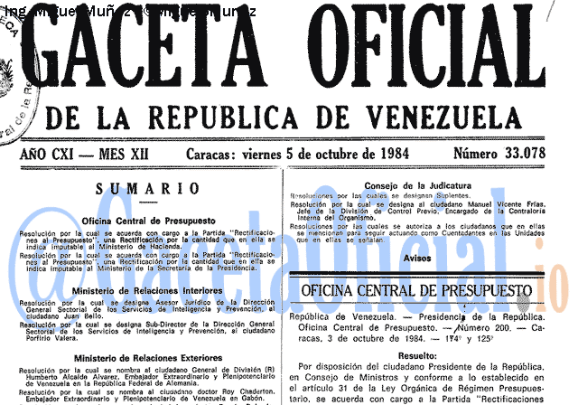 Gaceta Oficial 33078 del 5 Octubre 1984