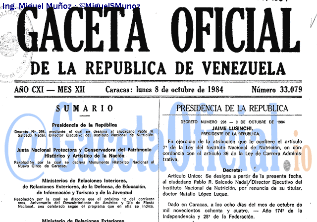 Gaceta Oficial 33079 del 8 Octubre 1984