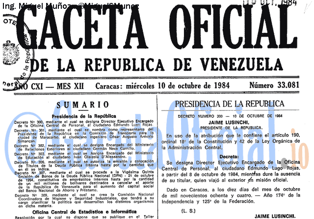Gaceta Oficial 33081 del 10 Octubre 1984